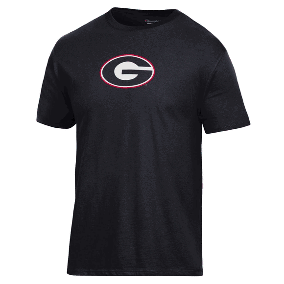 University of Georgia Champion Ringspun Oval G Tee in Black. 100% cotton ringspun premium jersey.